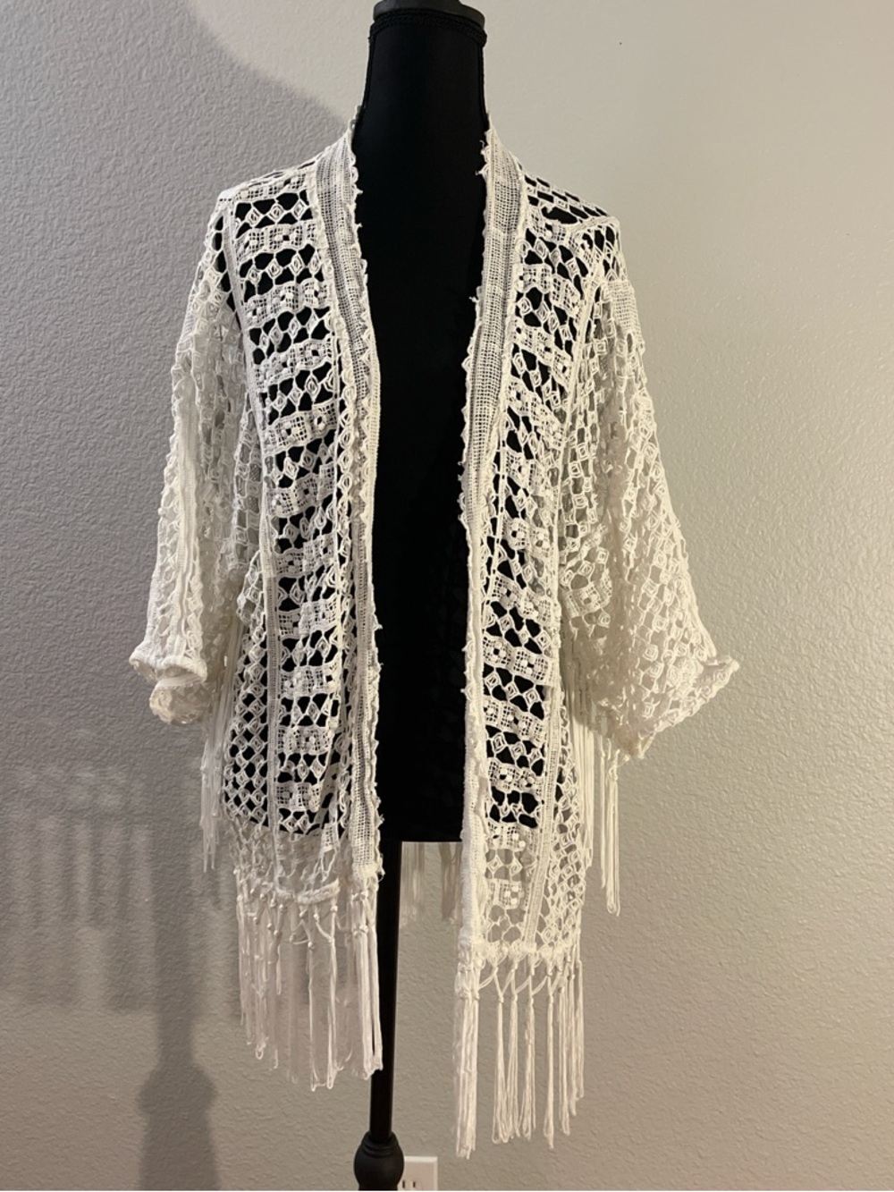 Forever 21 White Crochet Fringe Kimono Cover-Up